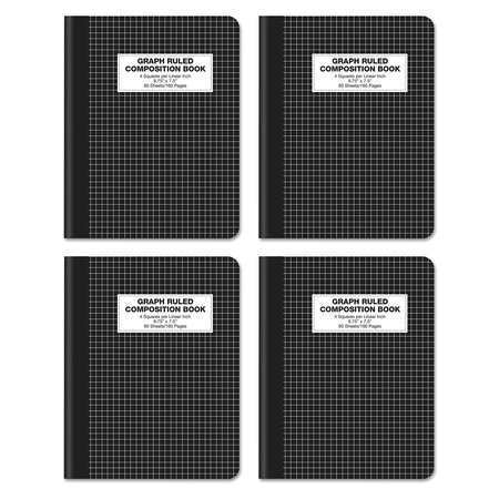BETTER OFFICE PRODUCTS Quad Ruled Comp Book Notebook, 4x4 Graph Ruled Paper, 80 Sheets, 9.75in. x 7.5in. Black Cover, 4PK 25604